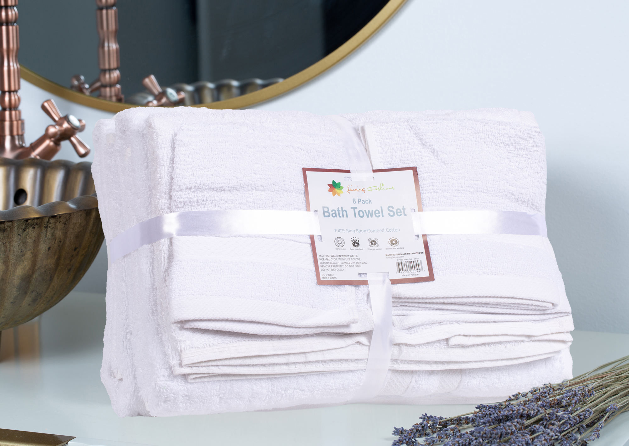 Living Fashions 8 Pack Towel Set - 2 Bathroom Towels, 2 Hand Towels, 4 Wash  Cloths Bathroom Set - Plush & Absorbent 100% Ring Spun Cotton Bath Sets 